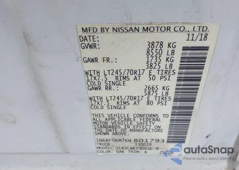 2019 Nissan Nv Cargo Nv1500 S V6 z USA, uszkodzony, nr VIN 1N6BF0KM7KN801793